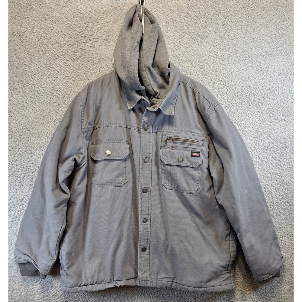 Dickies Jacket Mens XL Gray Hooded Quilted Lined Canvas Work Coat Utility Rugged